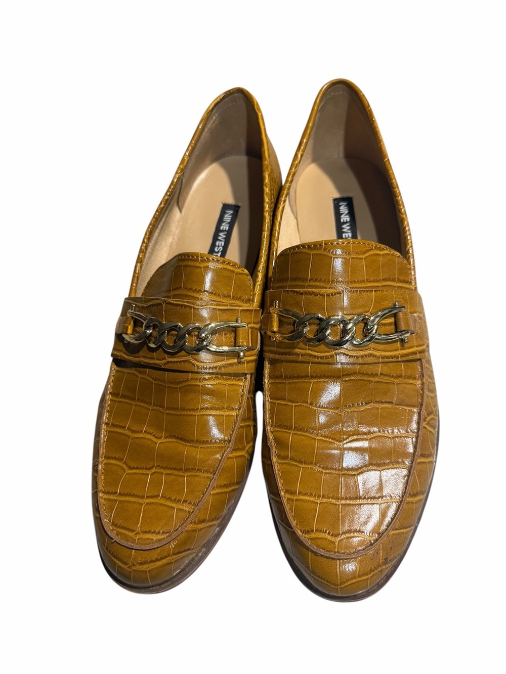 Nine West women’s  Cognac Croc-Embossed Loafers with Chain Accent